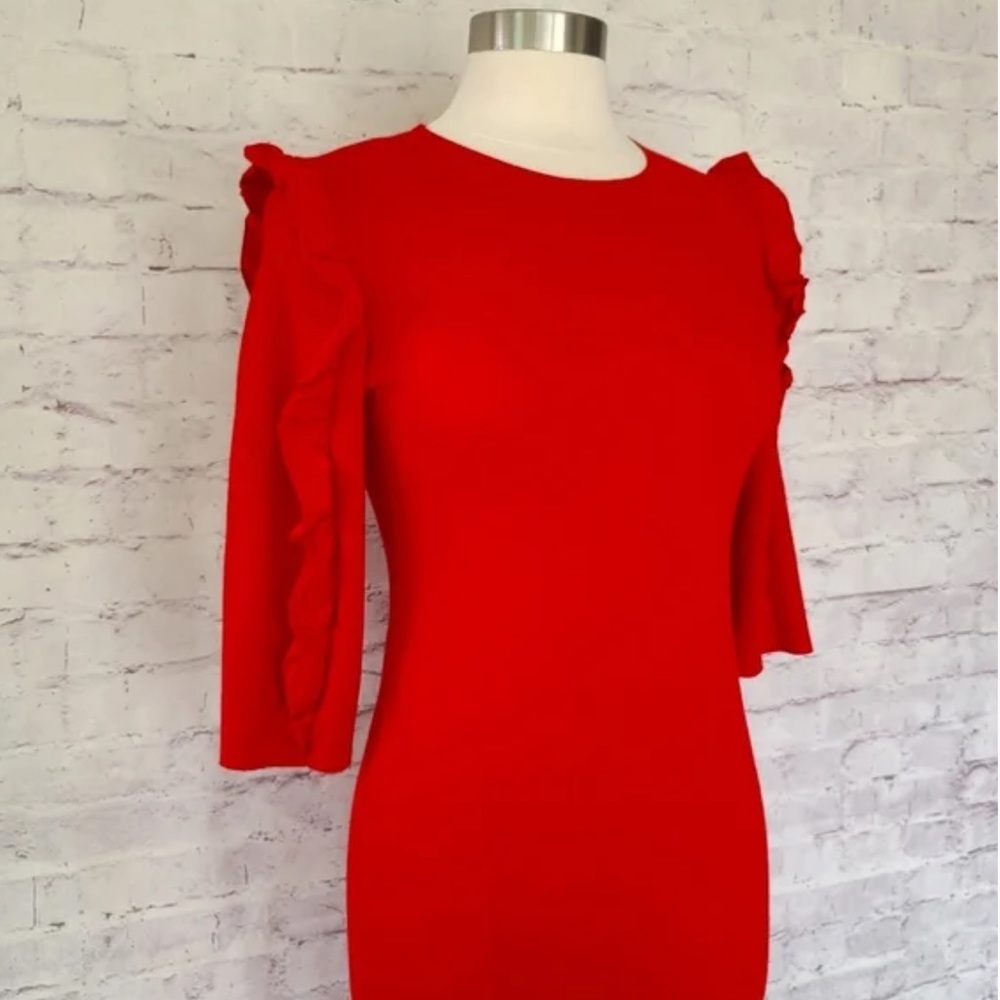 Zara Trafaluc Ponti Di Roma Red Knit Dress Elbow Sleeve Ruffle 3/4 size M - Picture 3 of 14